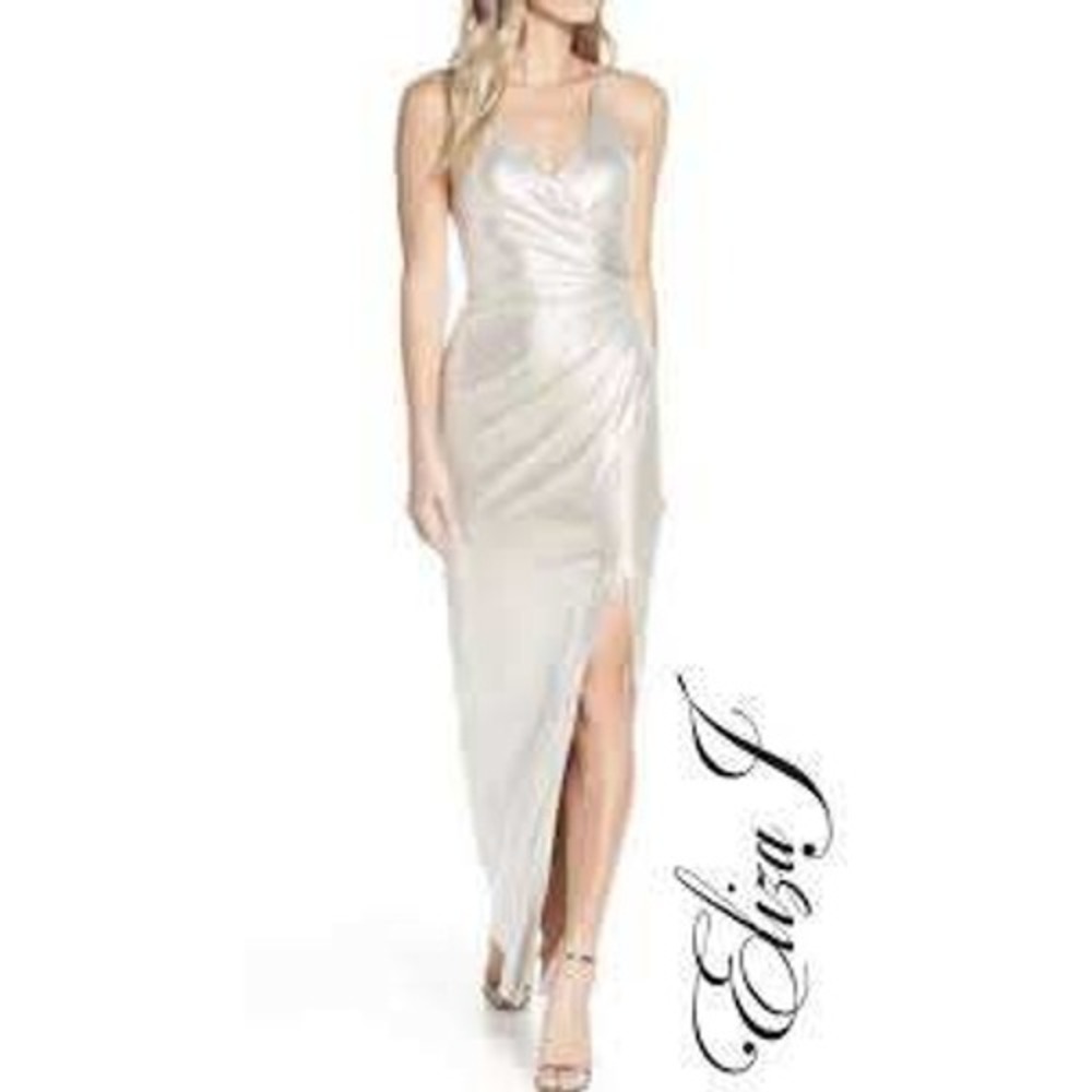 Eliza J Silver Metallic Wrap Gown Crisscross Back Slit Dress‎ Size 12